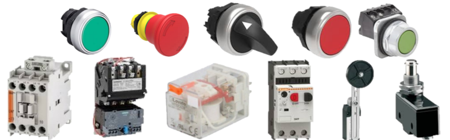 A banner of different types of pushbuttons, contactors, and limit switches